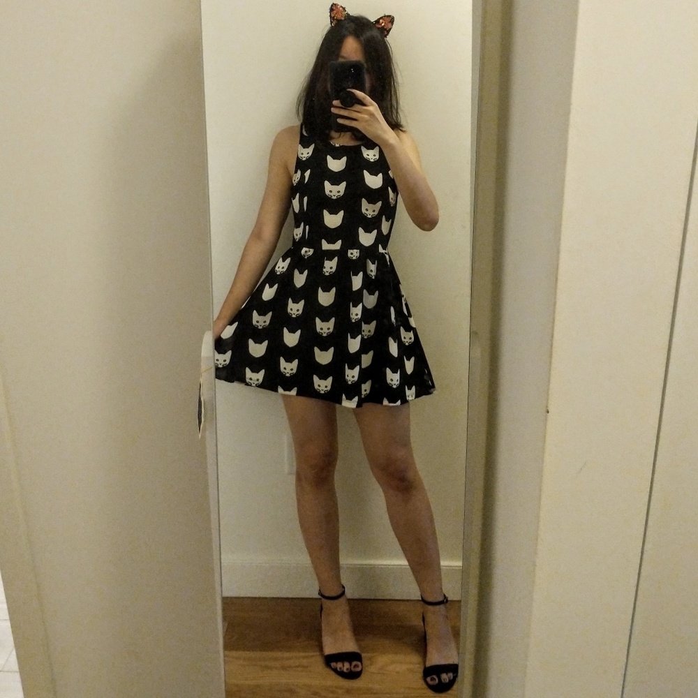 Cat print A-line little black dress